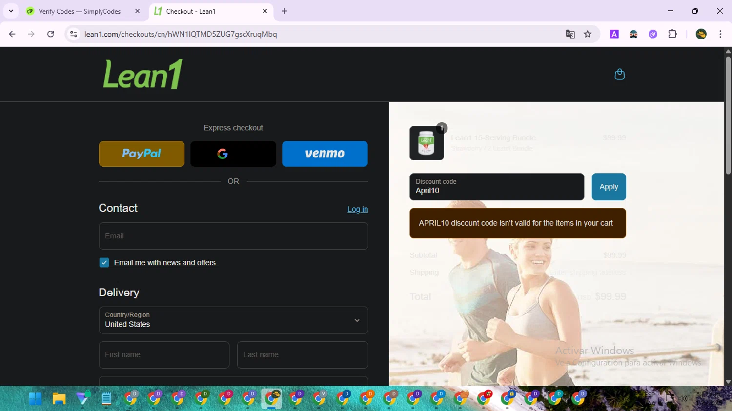 Lean1 discount code screenshot showing code April10 applied at Lean1 checkout page. Uploaded by SimplyCodes community member RewardNavigator9728 on Aug 1, 2025