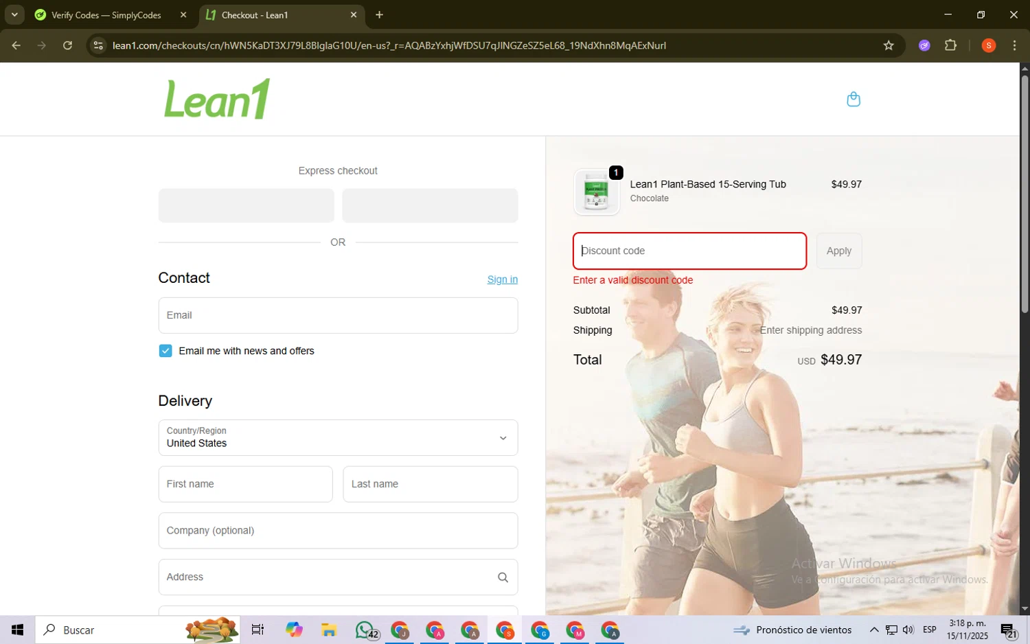 Lean1 discount code screenshot showing code April10 applied at Lean1 checkout page. Uploaded by SimplyCodes community member ScanKnight8857 on Nov 15, 2025