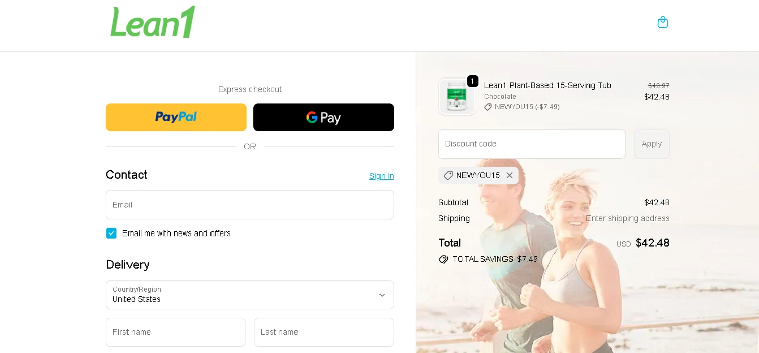 Lean1 discount code screenshot showing code NEWYOU15 applied at Lean1 checkout page. Uploaded by SimplyCodes community member BLUEBLASTOISE on Jan 2, 2026