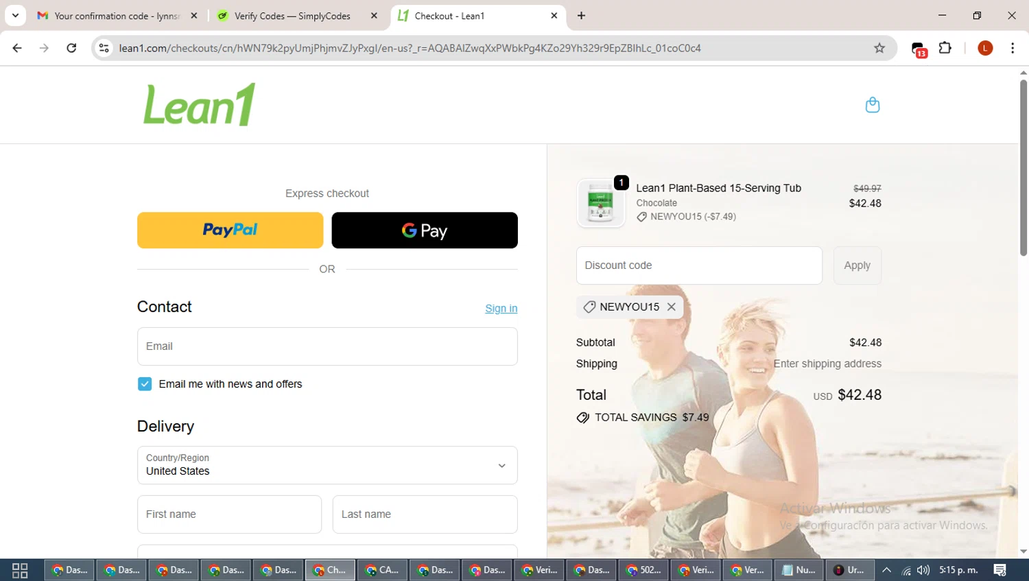 Lean1 checkout page showing Lean1 discount code box | Screenshot taken by SimplyCodes community member on Jan 2, 2026