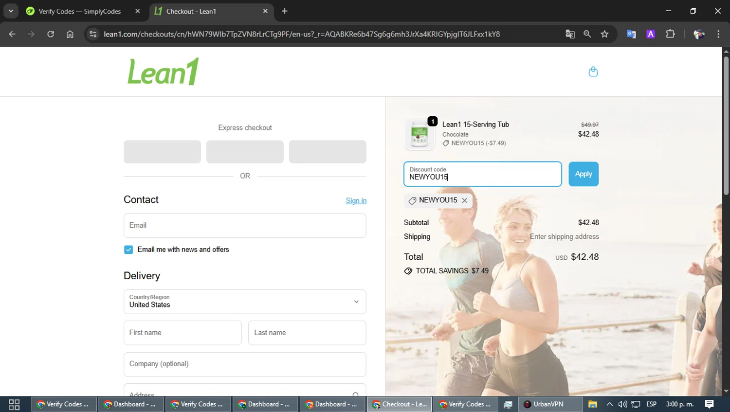 Lean1 checkout page showing Lean1 discount code box | Screenshot taken by SimplyCodes community member on Jan 2, 2026
