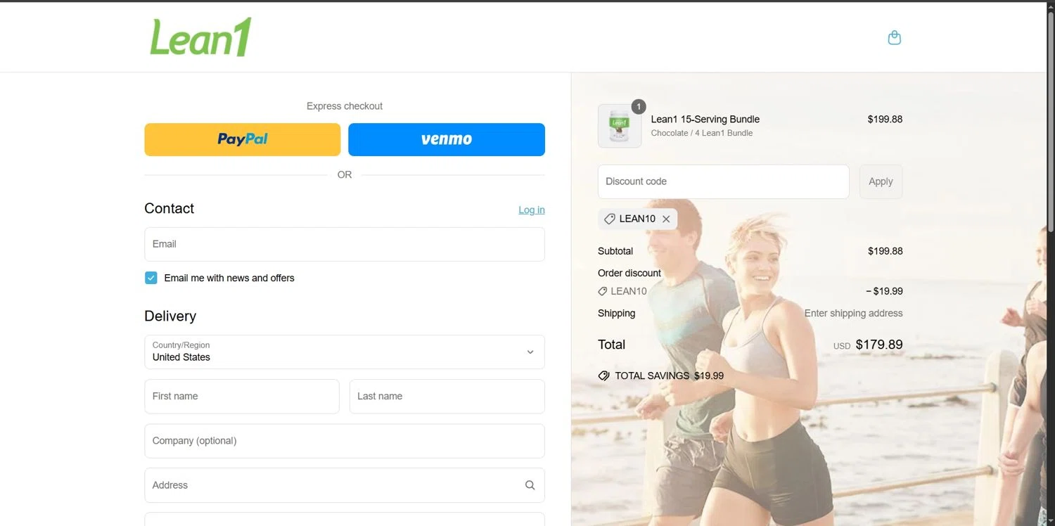 Lean1 discount code screenshot showing code LEAN10 applied at Lean1 checkout page. Uploaded by SimplyCodes community member Depressive on Apr 29, 2025
