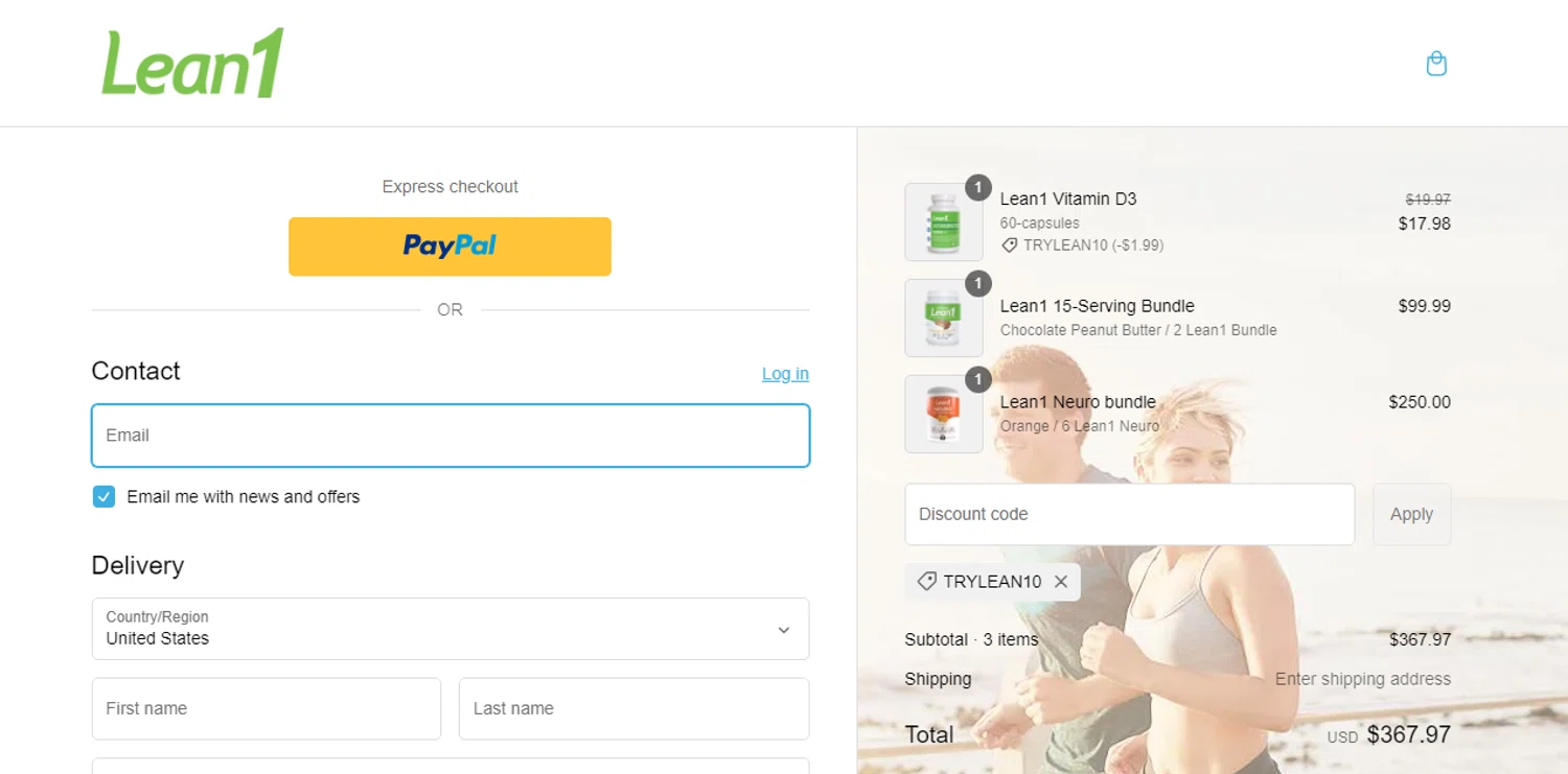 Lean1 discount code screenshot showing code trylean10 applied at Lean1 checkout page. Uploaded by SimplyCodes community member ylenisjordan on Mar 3, 2025