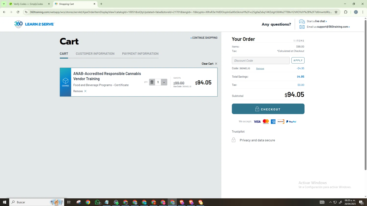 Learn2Serve discount code screenshot showing code 360WEL10 applied at Learn2Serve checkout page. Uploaded by SimplyCodes community member CashScholar6568 on Apr 26, 2025