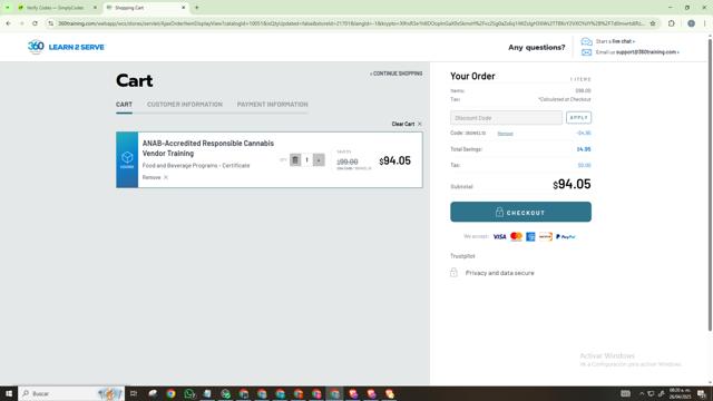 Learn2Serve checkout page showing Learn2Serve discount code box | Screenshot taken by SimplyCodes community member on Apr 26, 2025