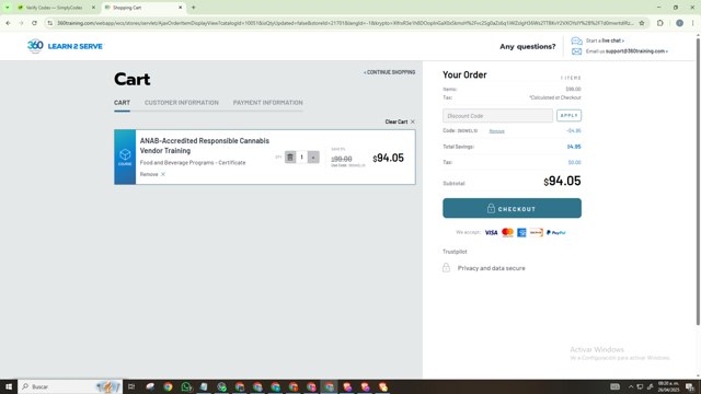 Learn2Serve checkout page showing Learn2Serve discount code box | Screenshot taken by SimplyCodes community member on Apr 26, 2025