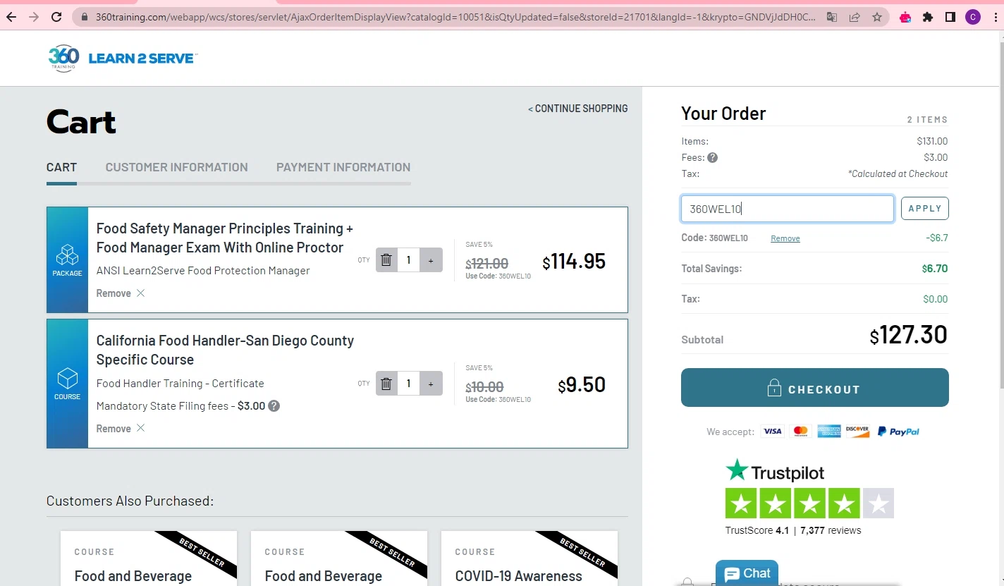 Learn2Serve checkout page showing Learn2Serve discount code box | Screenshot taken by SimplyCodes community member on May 10, 2023