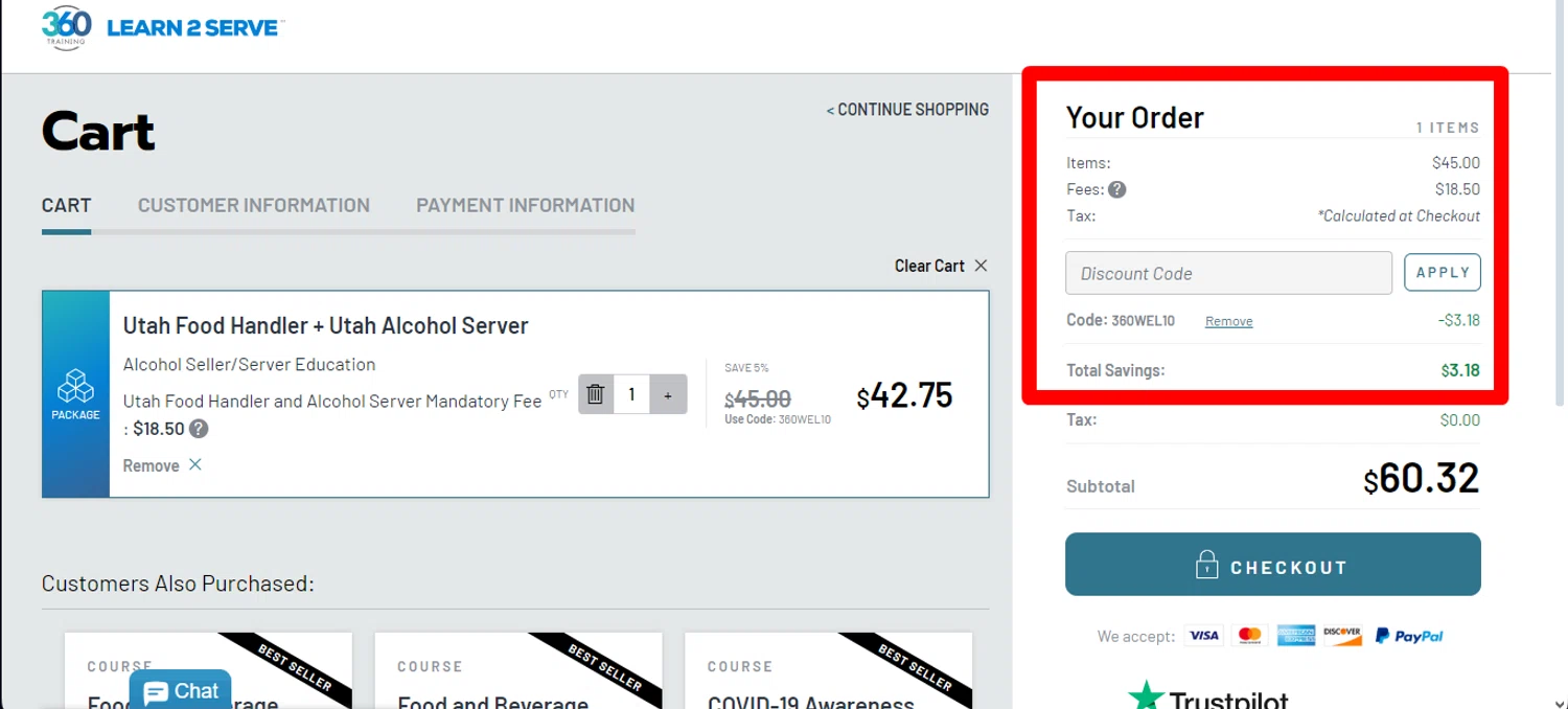 Learn2Serve checkout page showing Learn2Serve discount code box | Screenshot taken by SimplyCodes community member on Mar 21, 2024