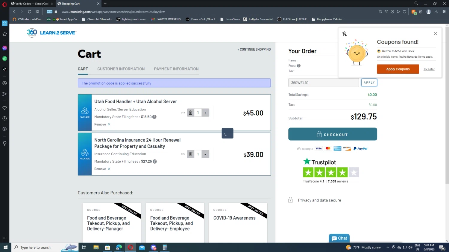 Learn2Serve checkout page showing Learn2Serve discount code box | Screenshot taken by SimplyCodes community member on Jun 8, 2023