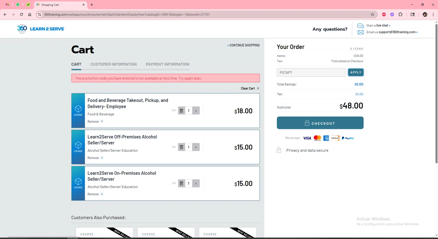 Learn2Serve discount code screenshot showing code PSTAP7 applied at Learn2Serve checkout page. Uploaded by SimplyCodes community member Scarleth_2GGD on Jun 17, 2025