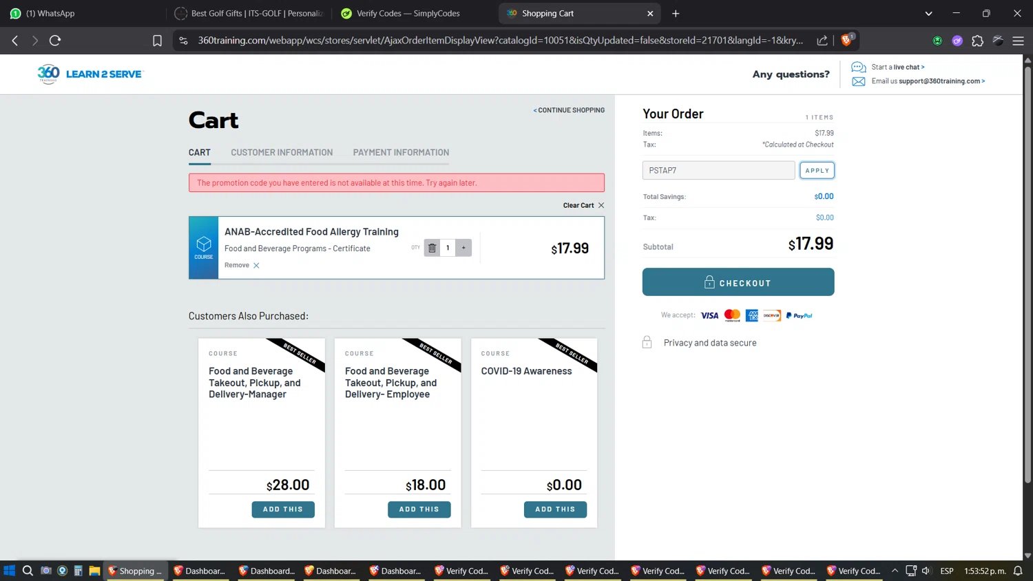 Learn2Serve discount code screenshot showing code PSTAP7 applied at Learn2Serve checkout page. Uploaded by SimplyCodes community member SimplyGOAT on Jun 17, 2025