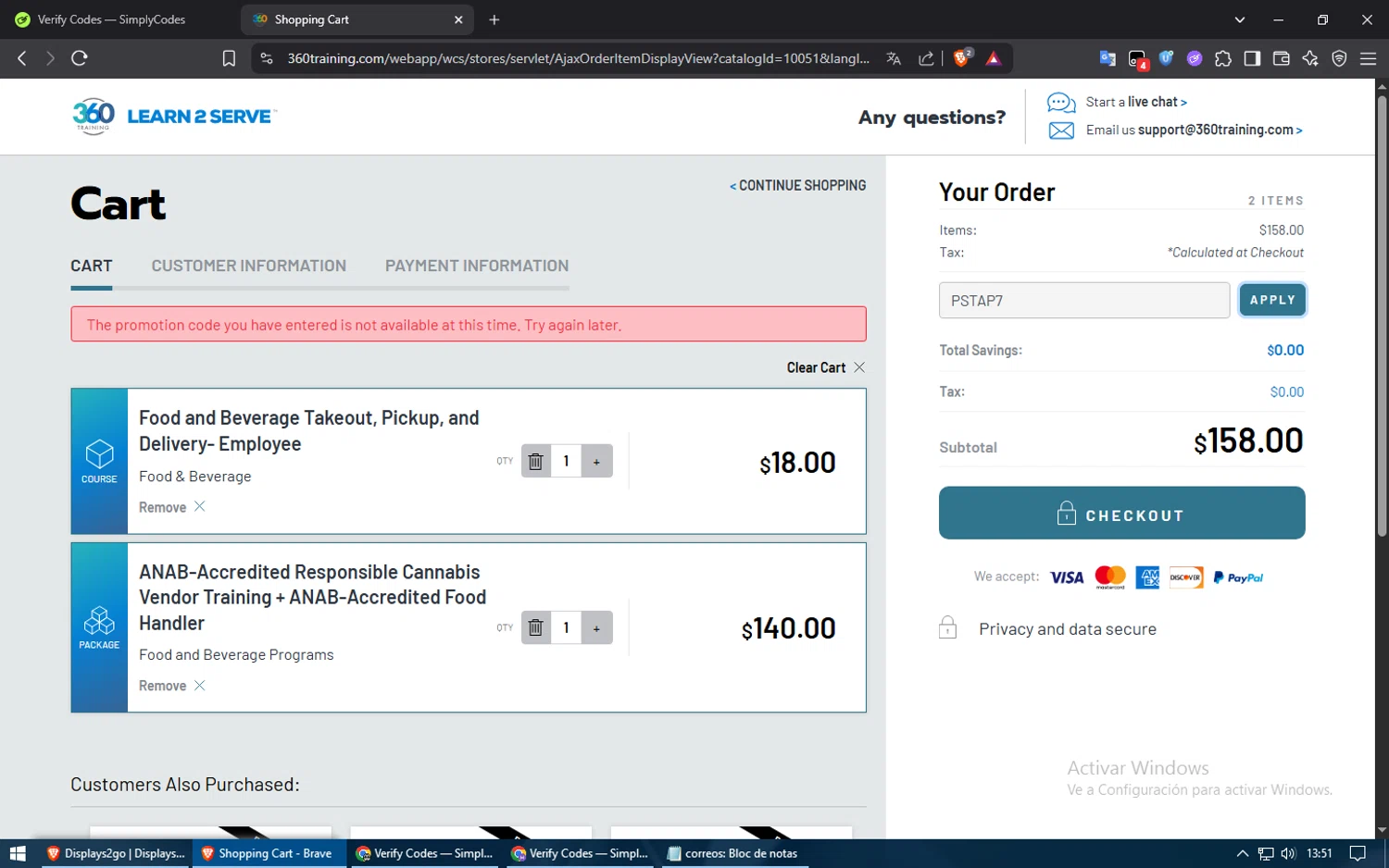Learn2Serve discount code screenshot showing code PSTAP7 applied at Learn2Serve checkout page. Uploaded by SimplyCodes community member usuario500 on Jun 17, 2025