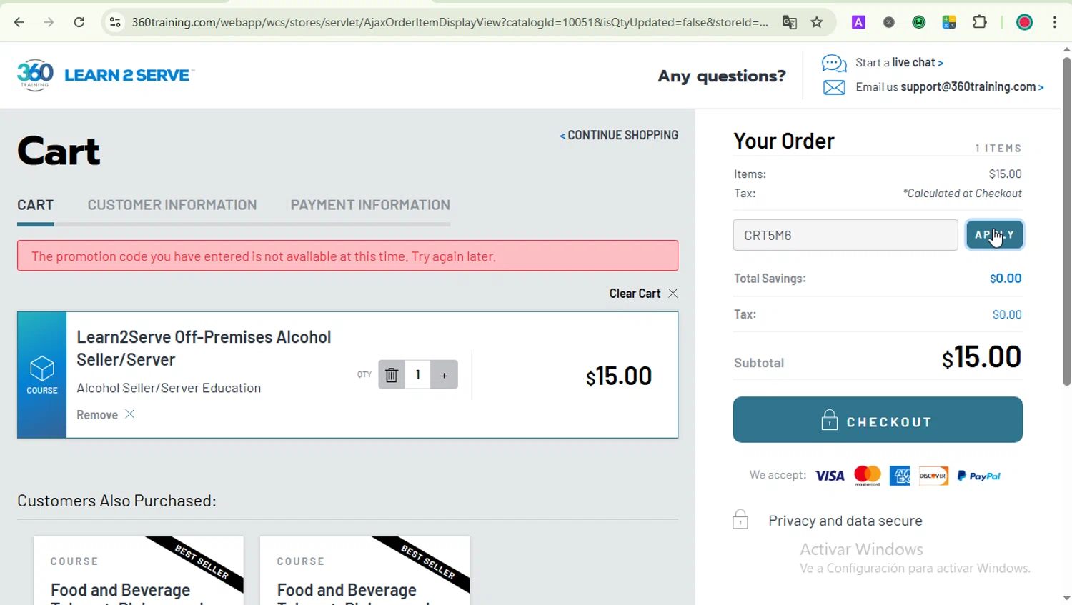 Learn2Serve discount code screenshot showing code CRT5M6 applied at Learn2Serve checkout page. Uploaded by SimplyCodes community member LOVECOUPON on Jun 26, 2025