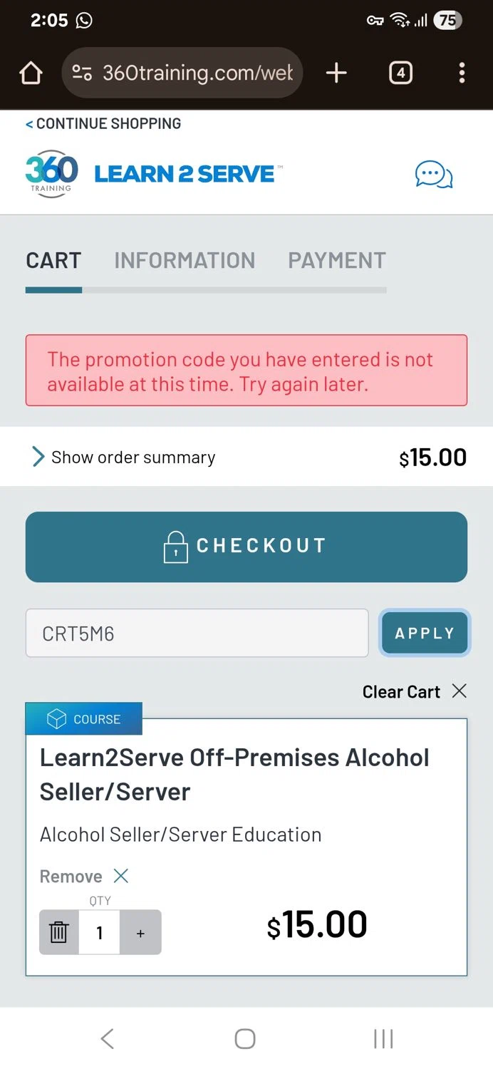 Learn2Serve discount code screenshot showing code CRT5M6 applied at Learn2Serve checkout page. Uploaded by SimplyCodes community member Jose_515 on Jun 26, 2025