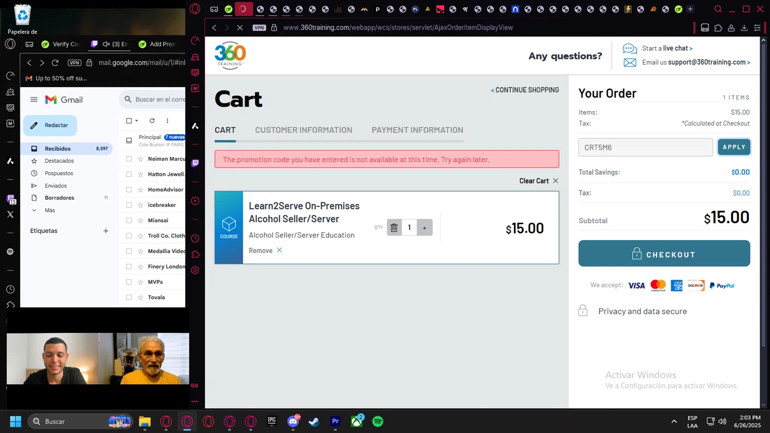 Learn2Serve discount code screenshot showing code CRT5M6 applied at Learn2Serve checkout page. Uploaded by SimplyCodes community member leonardocamacho2 on Jun 26, 2025