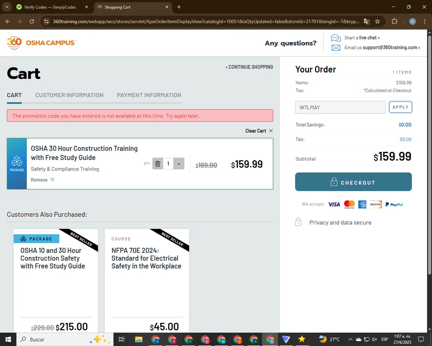 Learn2Serve discount code screenshot showing code W7LMAY applied at Learn2Serve checkout page. Uploaded by SimplyCodes community member CodeVoyager5621 on Jun 27, 2025