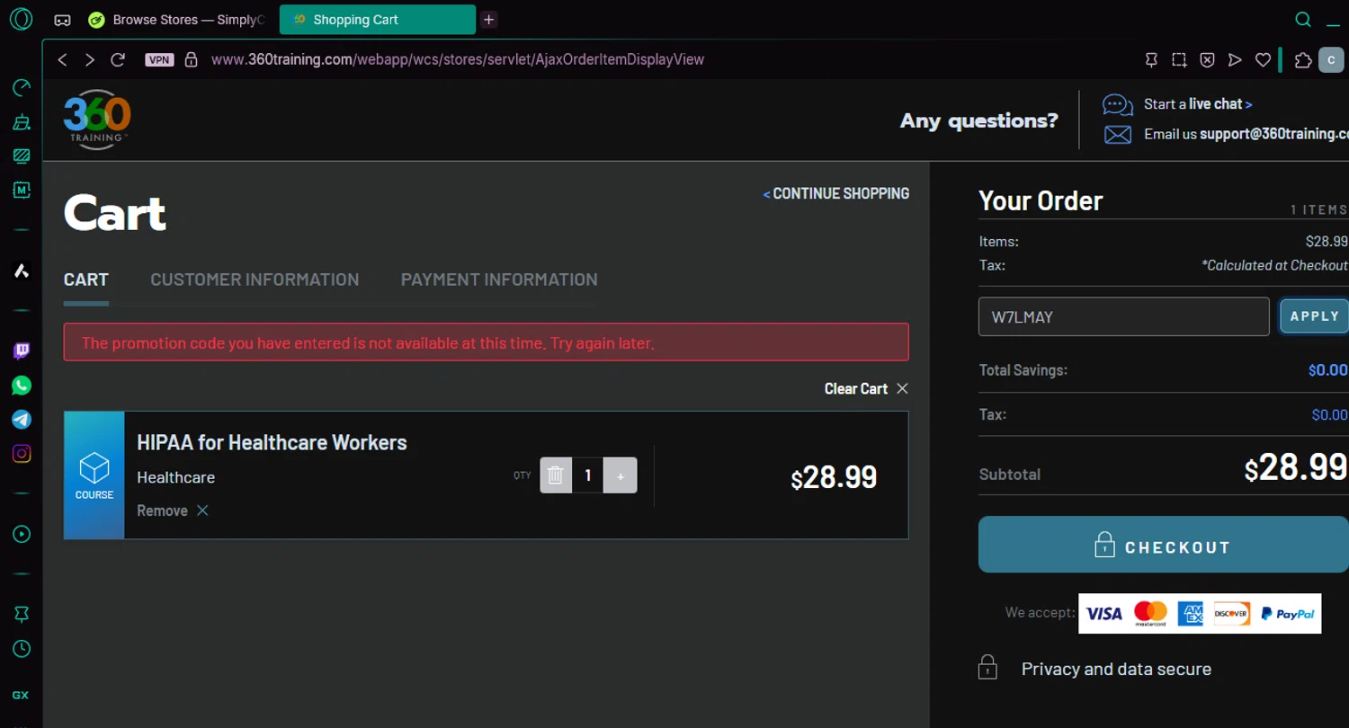 Learn2Serve discount code screenshot showing code W7LMAY applied at Learn2Serve checkout page. Uploaded by SimplyCodes community member chepipro on Jun 26, 2025