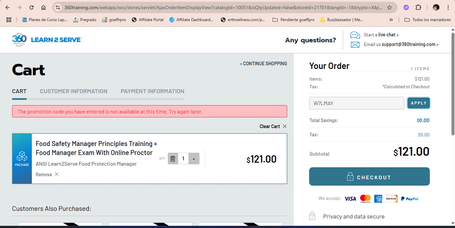Learn2Serve discount code screenshot showing code W7LMAY applied at Learn2Serve checkout page. Uploaded by SimplyCodes community member luisaballera on Jun 26, 2025
