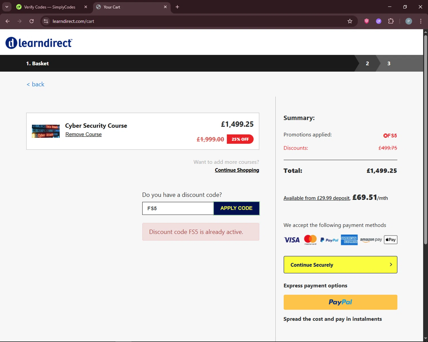 learndirect checkout page showing learndirect discount code box | Screenshot taken by SimplyCodes community member on Feb 16, 2026
