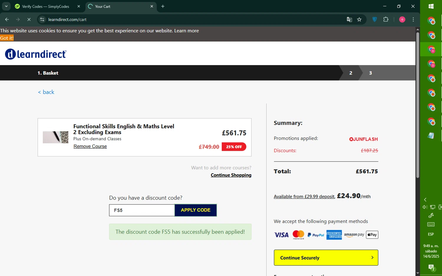 learndirect discount code screenshot showing code FS5 applied at learndirect checkout page. Uploaded by SimplyCodes community member RebateNavigator926 on Jun 14, 2025
