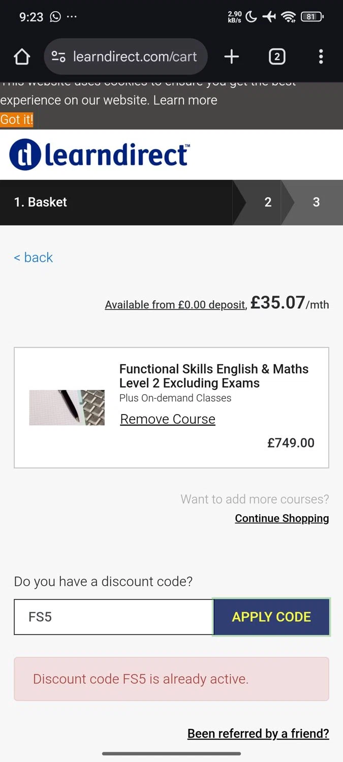 learndirect discount code screenshot showing code FS5 applied at learndirect checkout page. Uploaded by SimplyCodes community member Shadowking on Jun 28, 2025