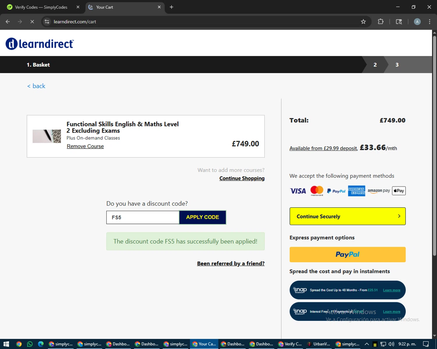learndirect discount code screenshot showing code FS5 applied at learndirect checkout page. Uploaded by SimplyCodes community member trippieredd on Aug 7, 2025