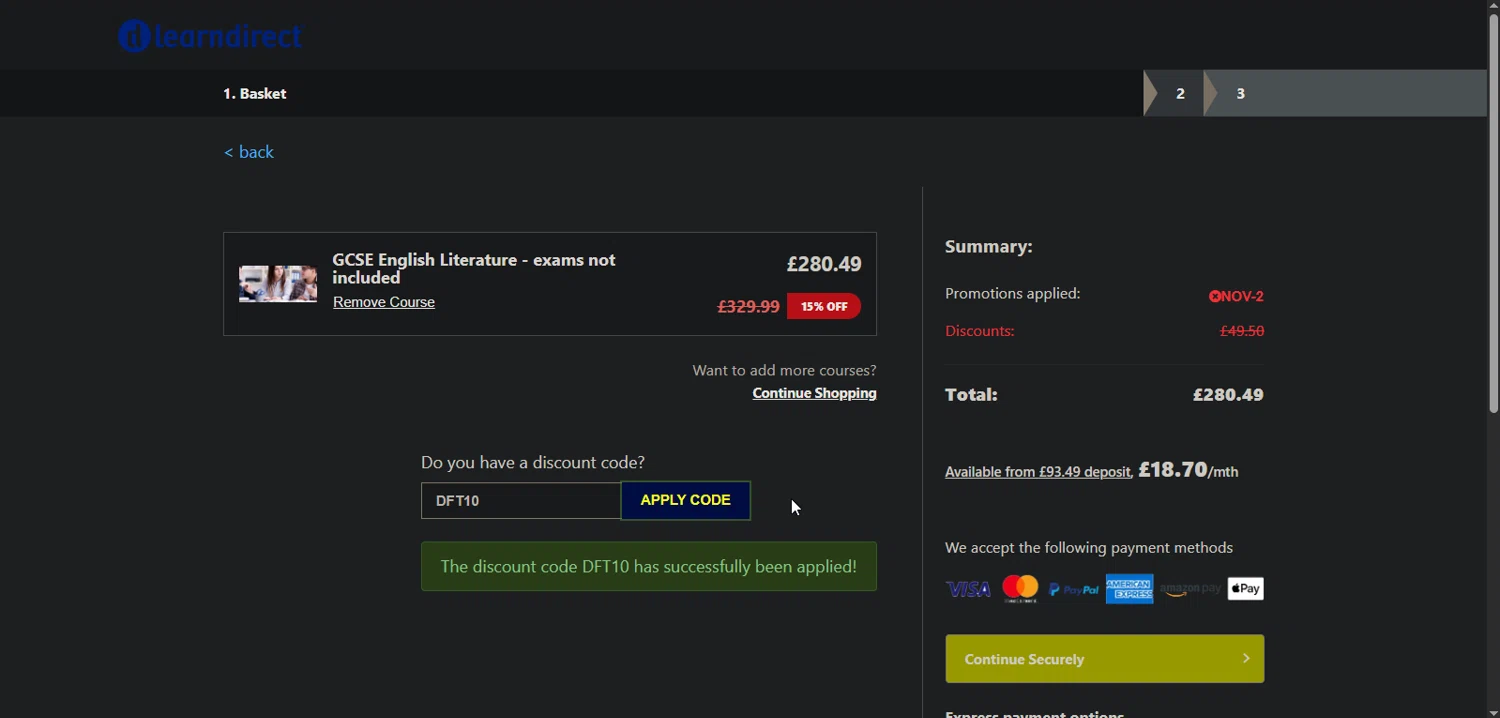 learndirect discount code screenshot showing code DFT10 applied at learndirect checkout page. Uploaded by SimplyCodes community member Nor_man on Nov 14, 2025