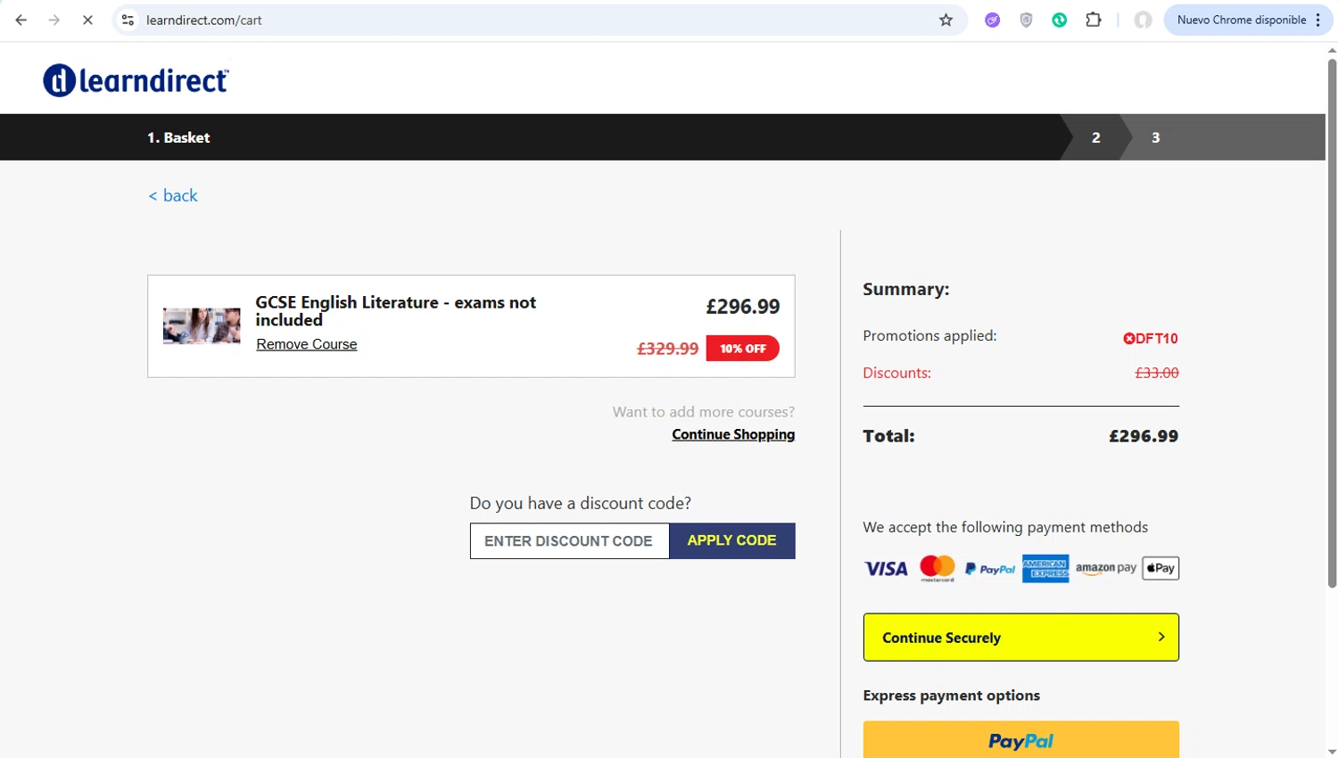 learndirect discount code screenshot showing code DFT10 applied at learndirect checkout page. Uploaded by SimplyCodes community member dtavoplomeria on Nov 14, 2025