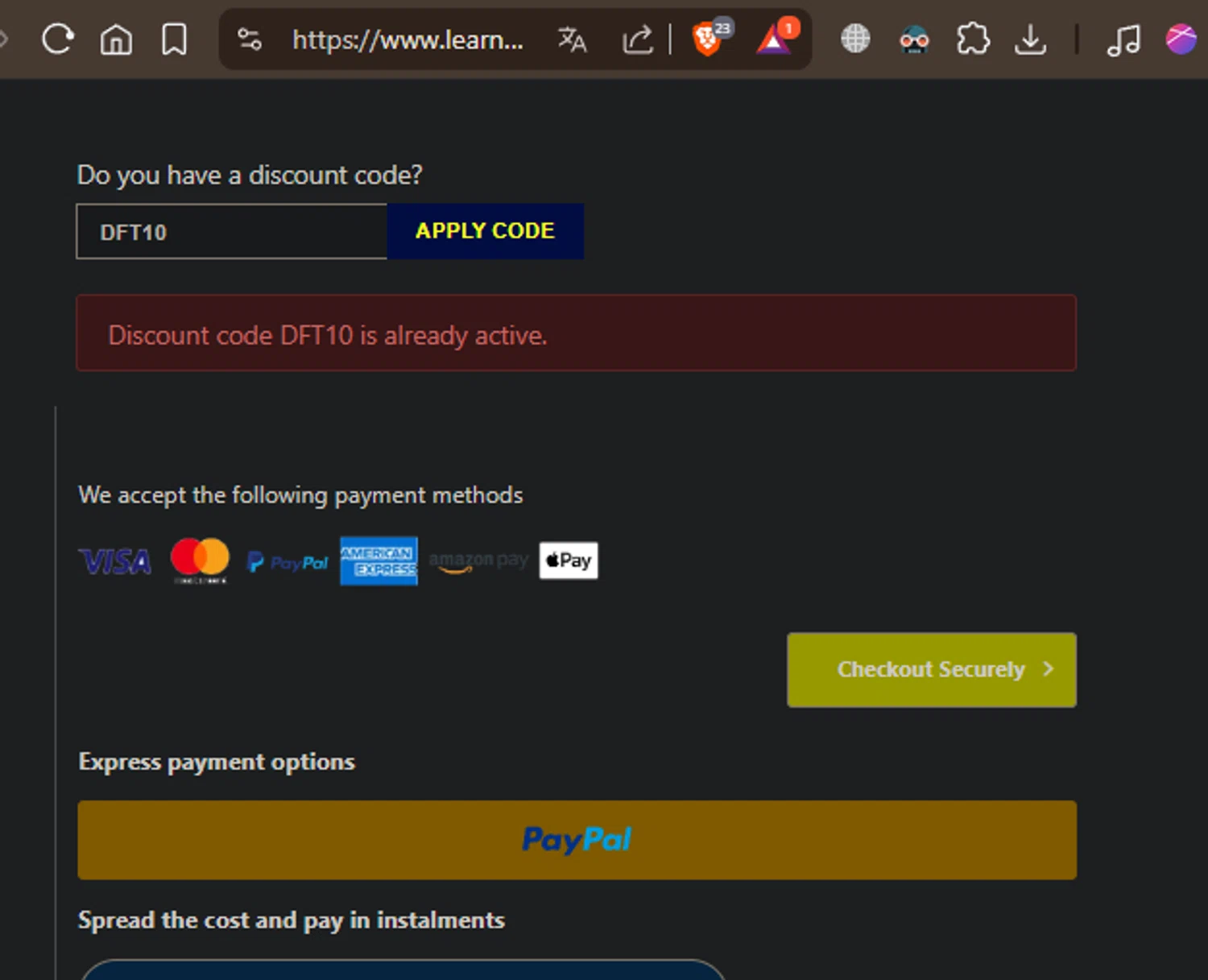 learndirect discount code screenshot showing code DFT10 applied at learndirect checkout page. Uploaded by SimplyCodes community member idkxxx on Nov 14, 2025