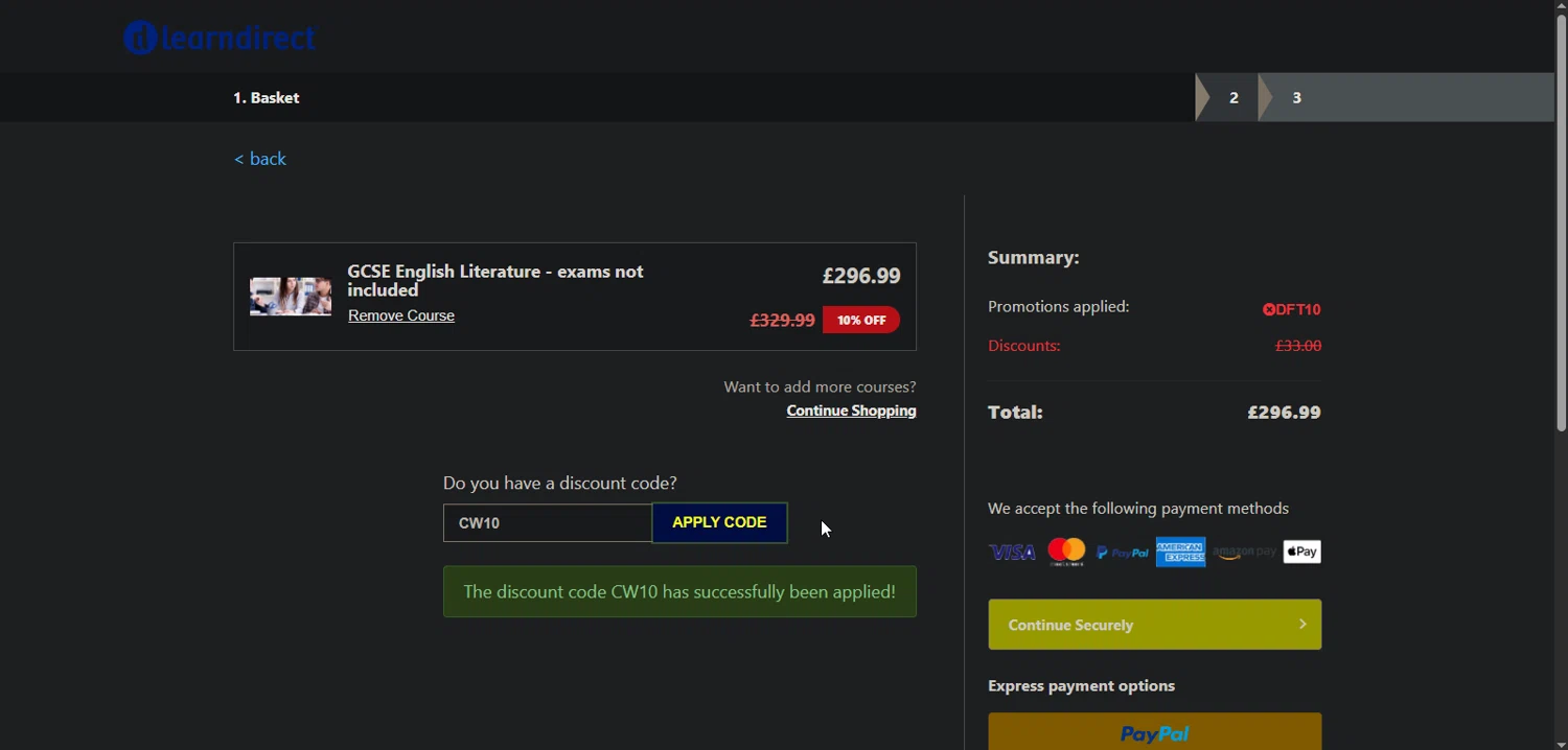 learndirect discount code screenshot showing code CW10 applied at learndirect checkout page. Uploaded by SimplyCodes community member Nor_man on Nov 14, 2025