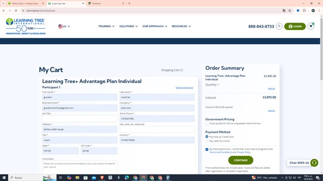 Learning Tree checkout page showing Learning Tree promo code box | Screenshot taken by SimplyCodes community member on Sep 10, 2024