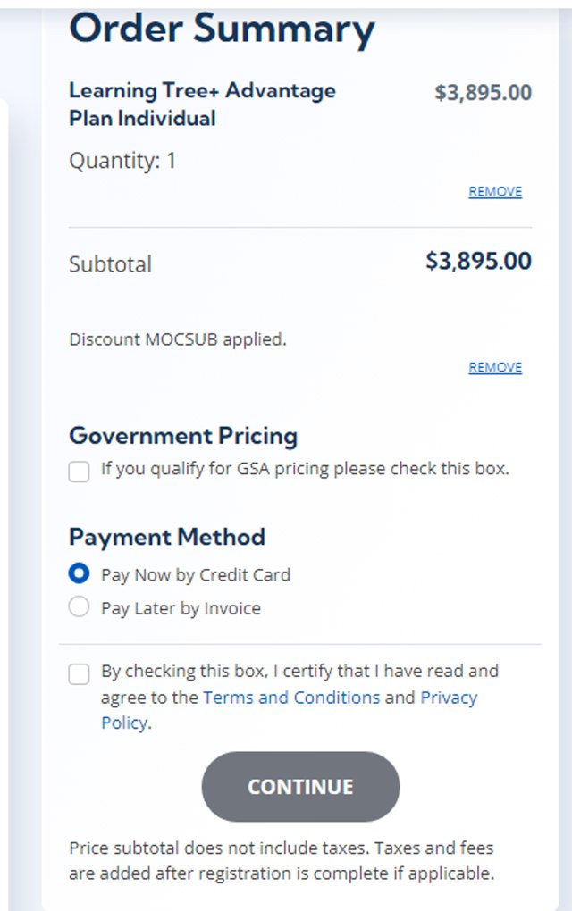 Learning Tree checkout page showing Learning Tree promo code box | Screenshot taken by SimplyCodes community member on Sep 10, 2024