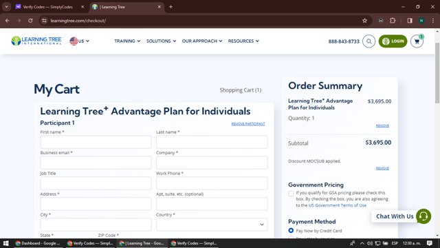 Learning Tree checkout page showing Learning Tree promo code box | Screenshot taken by SimplyCodes community member on Jan 19, 2024