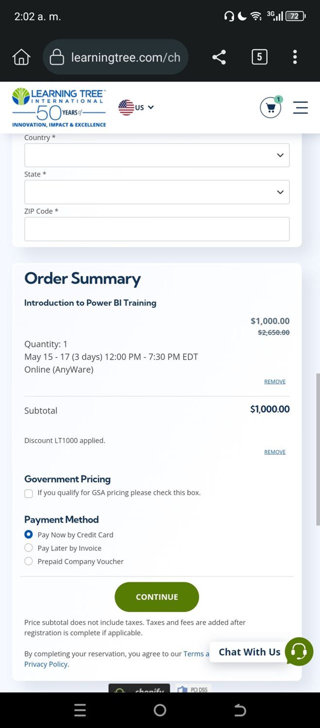 Learning Tree checkout page showing Learning Tree promo code box | Screenshot taken by SimplyCodes community member on May 10, 2024