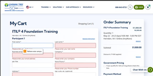 Learning Tree checkout page showing Learning Tree promo code box | Screenshot taken by SimplyCodes community member on Apr 16, 2024
