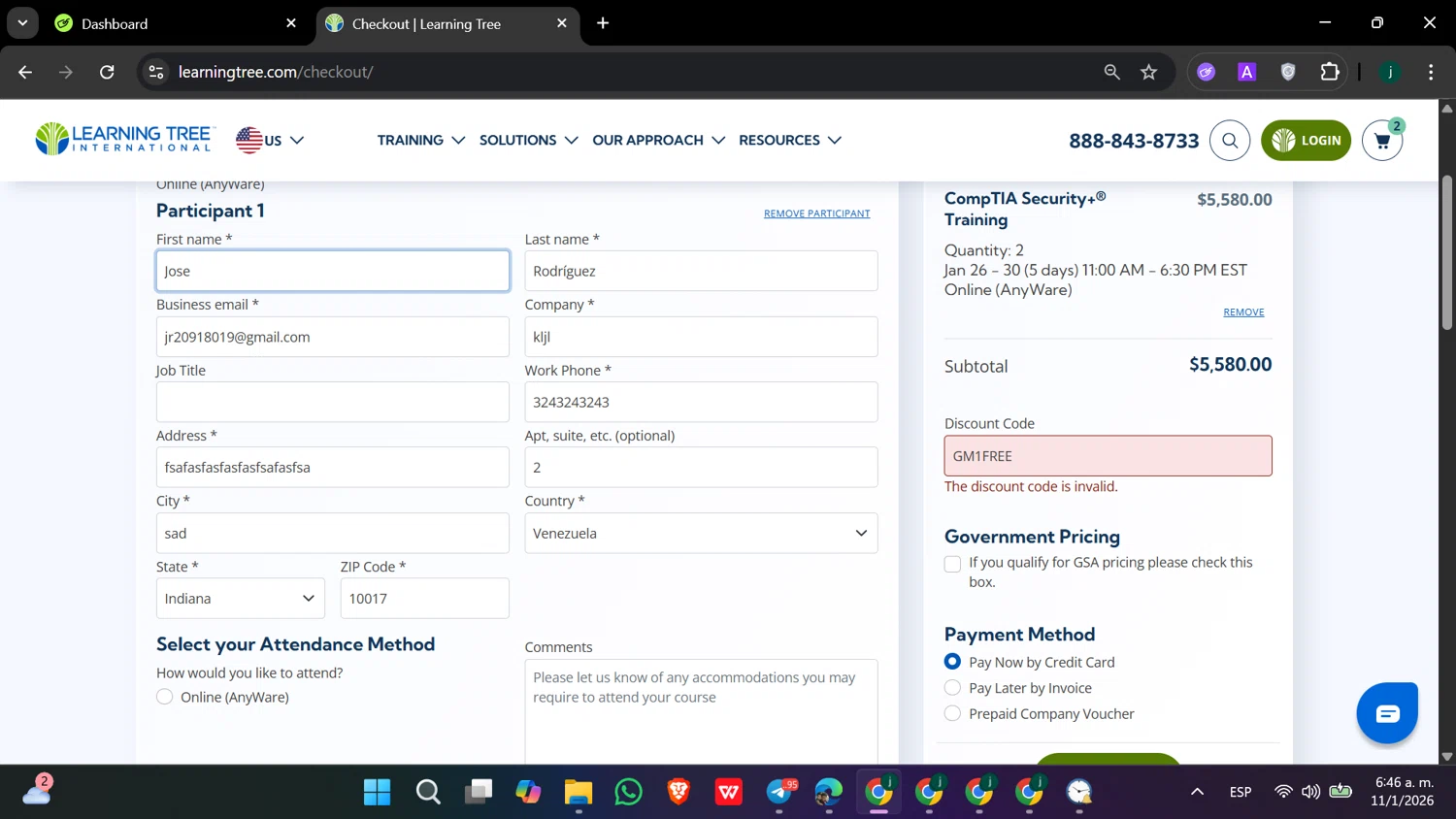 Learning Tree promo code screenshot showing code GM1FREE applied at Learning Tree checkout page. Uploaded by SimplyCodes community member hanzell03 on Jan 11, 2026