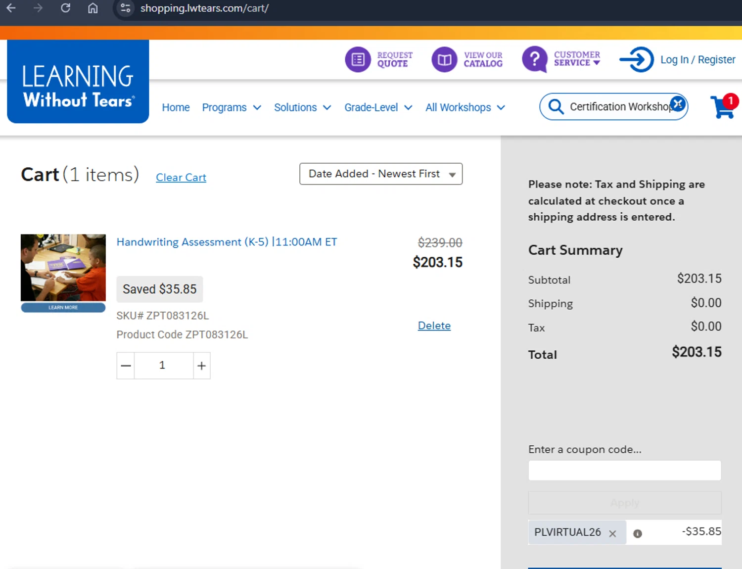 Learning Without Tears promo code screenshot showing code PLVIRTUAL26 applied at Learning Without Tears checkout page. Uploaded by SimplyCodes community member Jmhernand1 on Jun 4, 2026