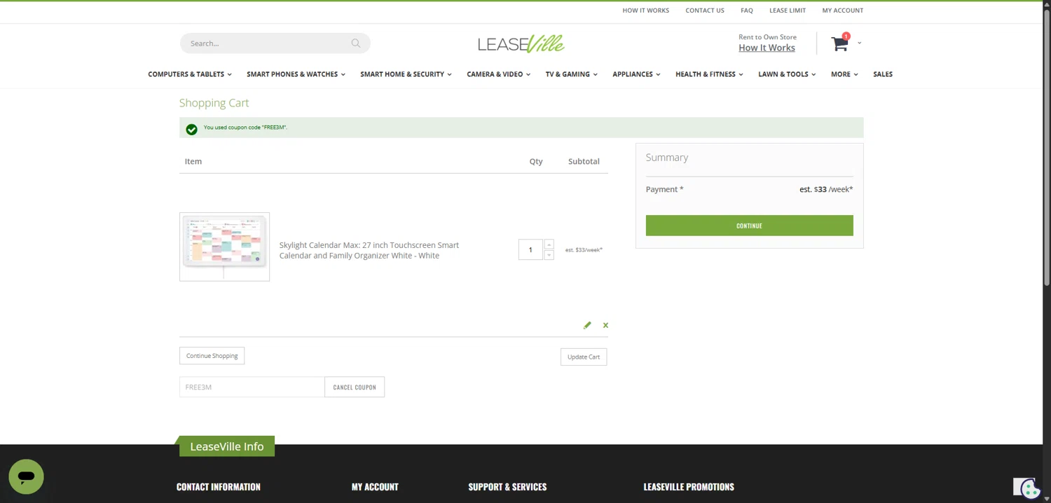Leaseville discount code screenshot showing code FREE3M applied at Leaseville checkout page. Uploaded by SimplyCodes community member TokenFalcon7462 on Jan 31, 2026