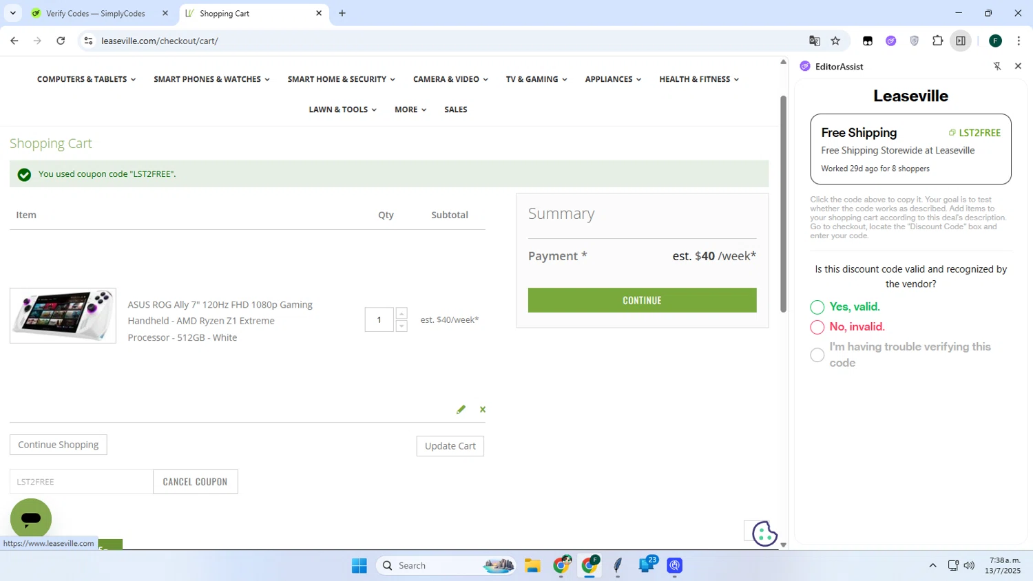 Leaseville discount code screenshot showing code LST2FREE applied at Leaseville checkout page. Uploaded by SimplyCodes community member Juanse on Jul 13, 2025