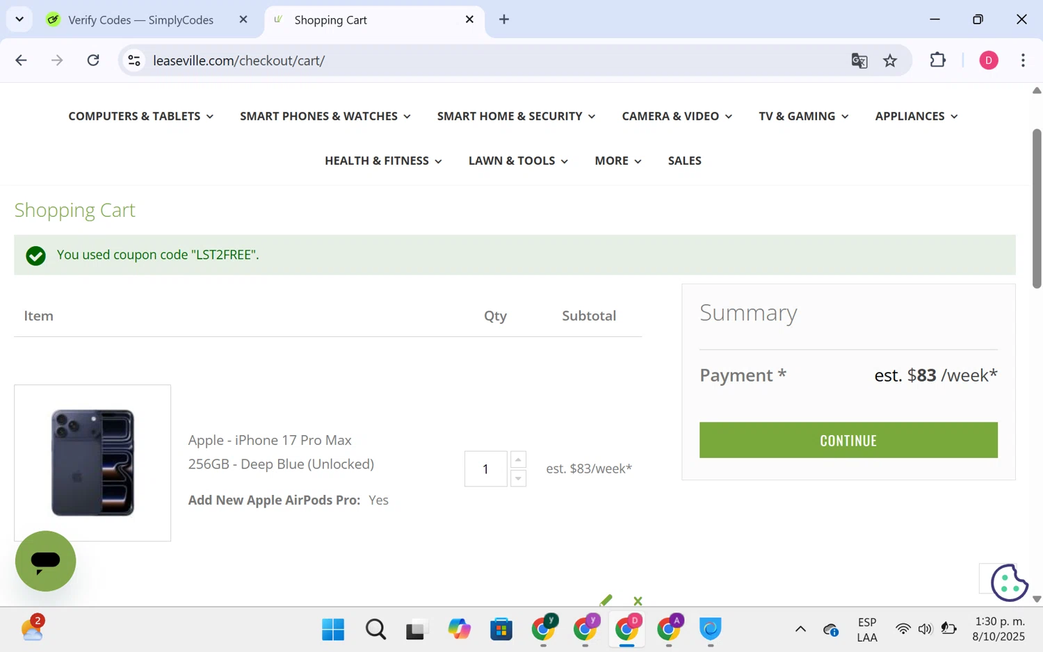 Leaseville discount code screenshot showing code LST2FREE applied at Leaseville checkout page. Uploaded by SimplyCodes community member LuckyHero4650 on Oct 8, 2025