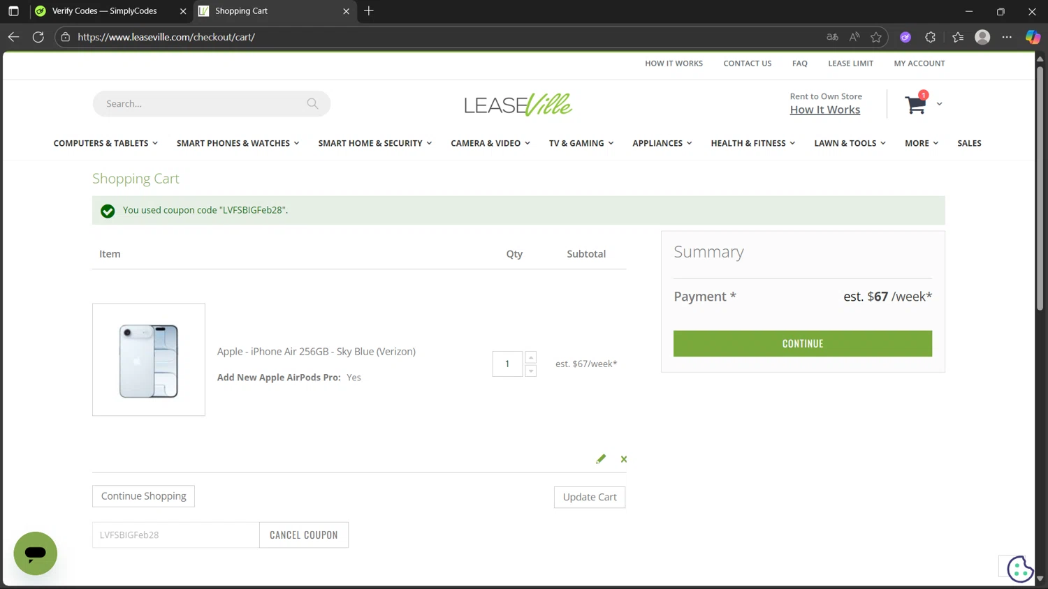 Leaseville discount code screenshot showing code LVFSBIGFeb28 applied at Leaseville checkout page. Uploaded by SimplyCodes community member Morticia on Oct 18, 2025