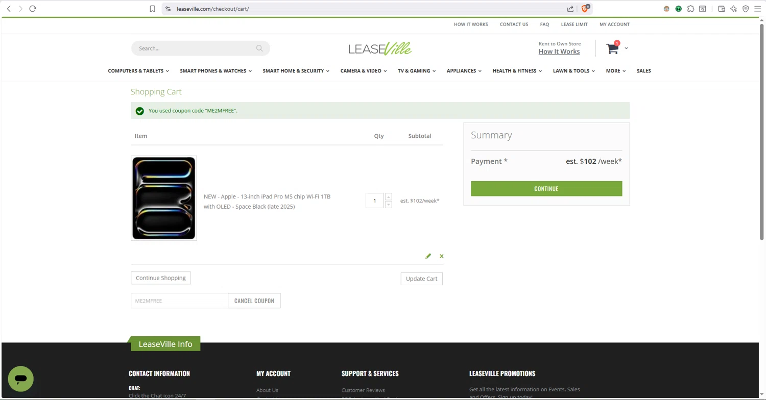Leaseville discount code screenshot showing code ME2MFREE applied at Leaseville checkout page. Uploaded by SimplyCodes community member dayselis15 on Dec 27, 2025