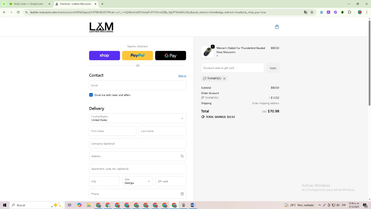 Leather-Moccasins promo code screenshot showing code THANKYOU applied at Leather-Moccasins checkout page. Uploaded by SimplyCodes community member Richard_Miller on Dec 4, 2025