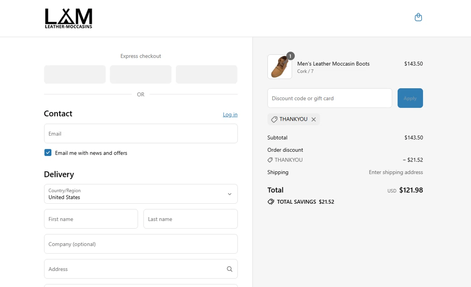 Leather-Moccasins promo code screenshot showing code THANKYOU applied at Leather-Moccasins checkout page. Uploaded by SimplyCodes community member joandgray9 on Jul 27, 2025