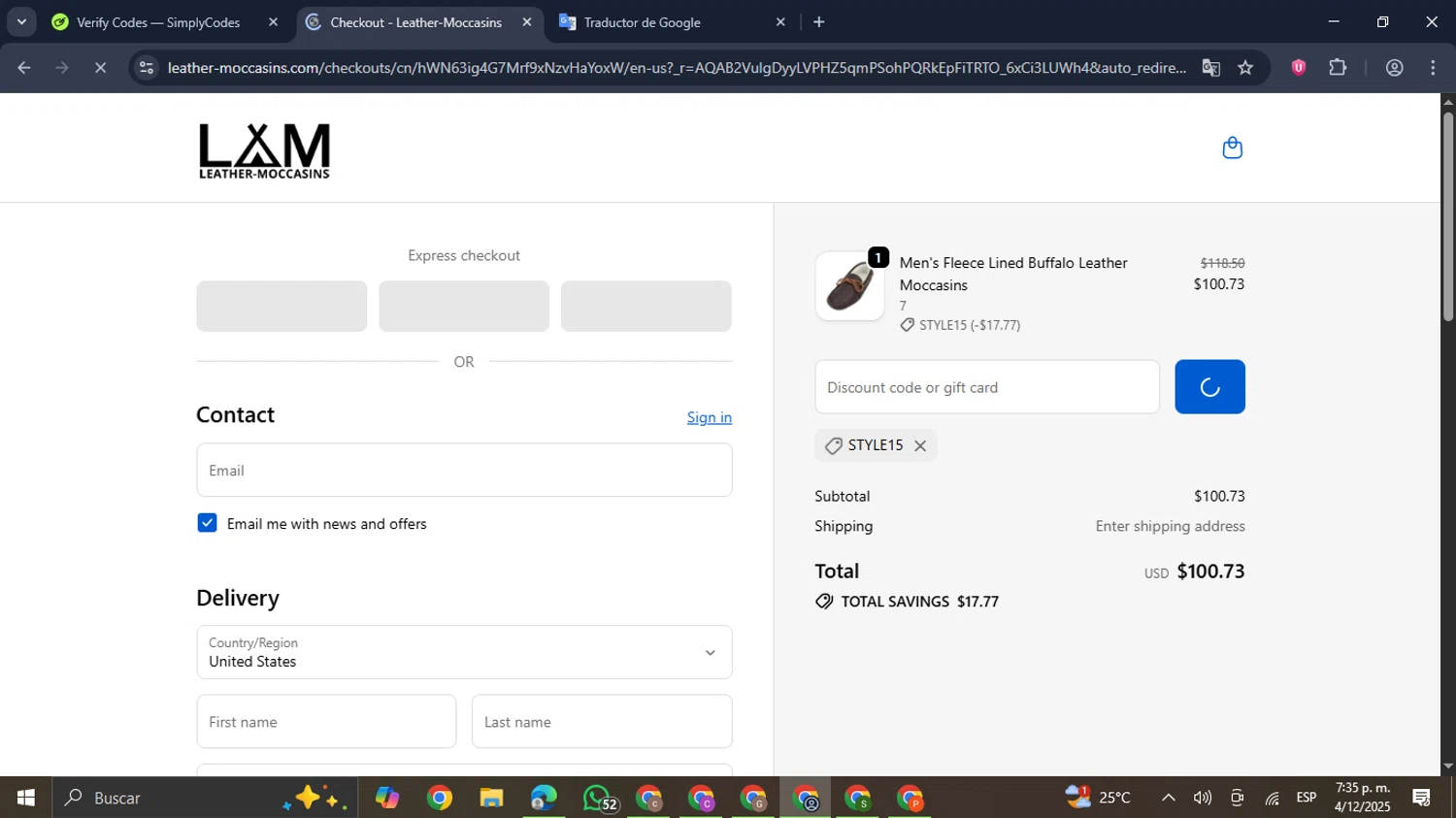 Leather-Moccasins promo code screenshot showing code STYLE15 applied at Leather-Moccasins checkout page. Uploaded by SimplyCodes community member GloriousDefender7889 on Dec 4, 2025