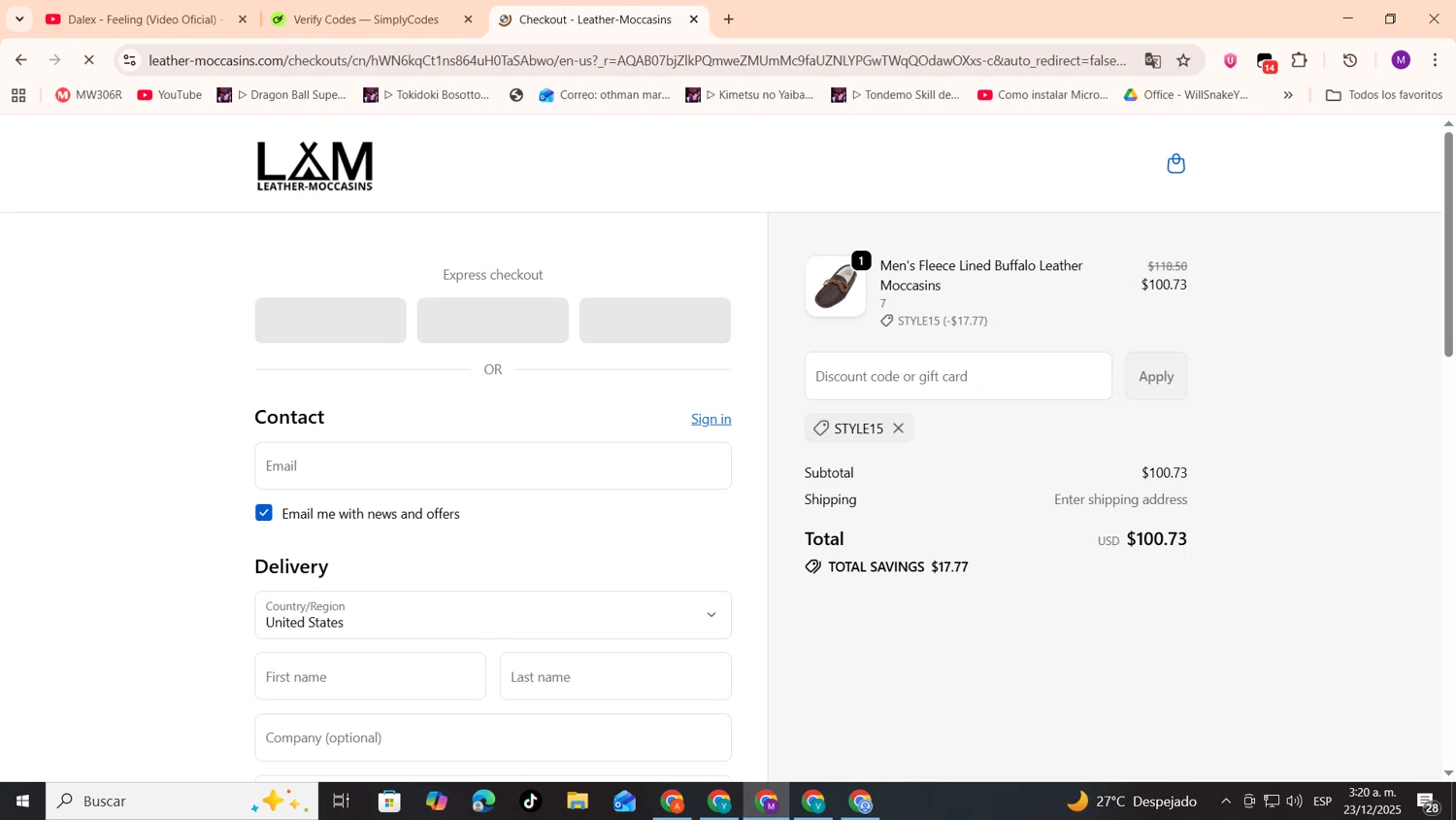 Leather-Moccasins promo code screenshot showing code STYLE15 applied at Leather-Moccasins checkout page. Uploaded by SimplyCodes community member cod_gakpo on Dec 23, 2025