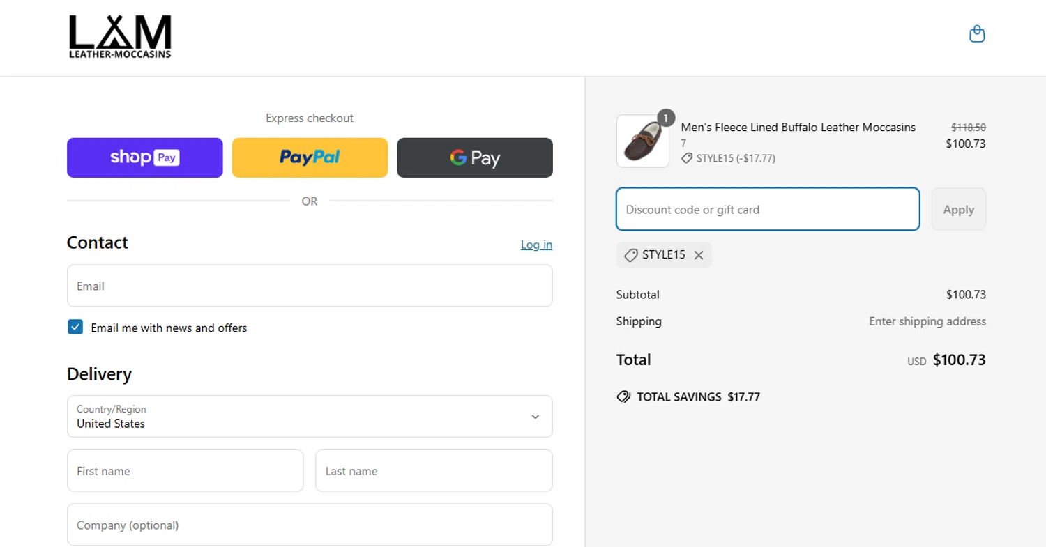 Leather-Moccasins promo code screenshot showing code STYLE15 applied at Leather-Moccasins checkout page. Uploaded by SimplyCodes community member r0bertic0x222 on Apr 8, 2025