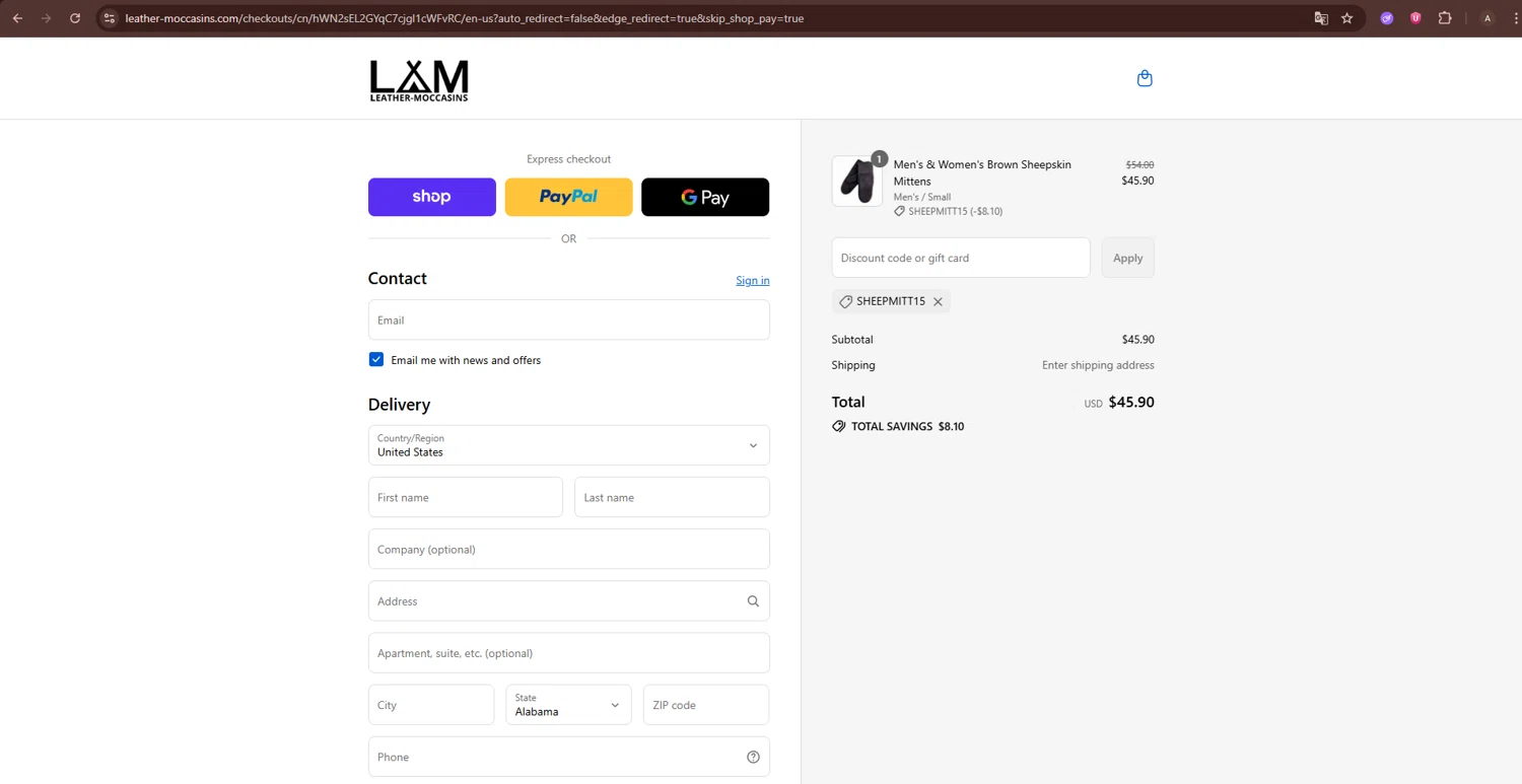 Leather-Moccasins promo code screenshot showing code SHEEPMITT15 applied at Leather-Moccasins checkout page. Uploaded by SimplyCodes community member ShieldTiger5081 on Sep 12, 2025