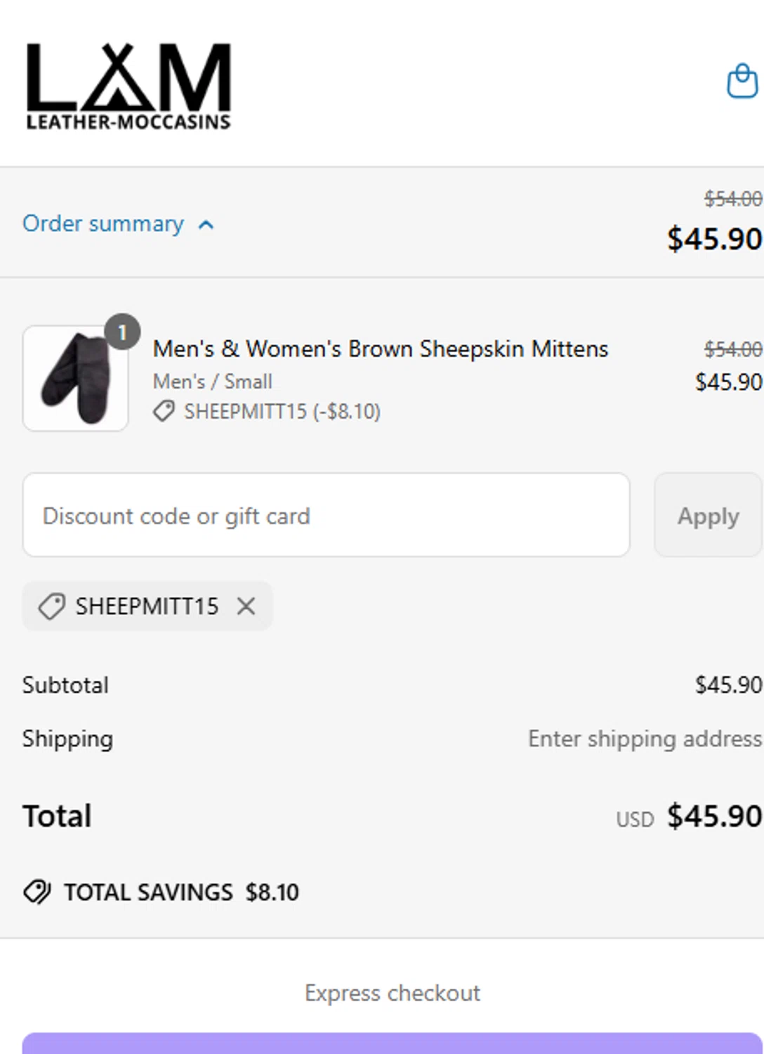 Leather-Moccasins promo code screenshot showing code SHEEPMITT15 applied at Leather-Moccasins checkout page. Uploaded by SimplyCodes community member CouponSpotter227 on May 3, 2025