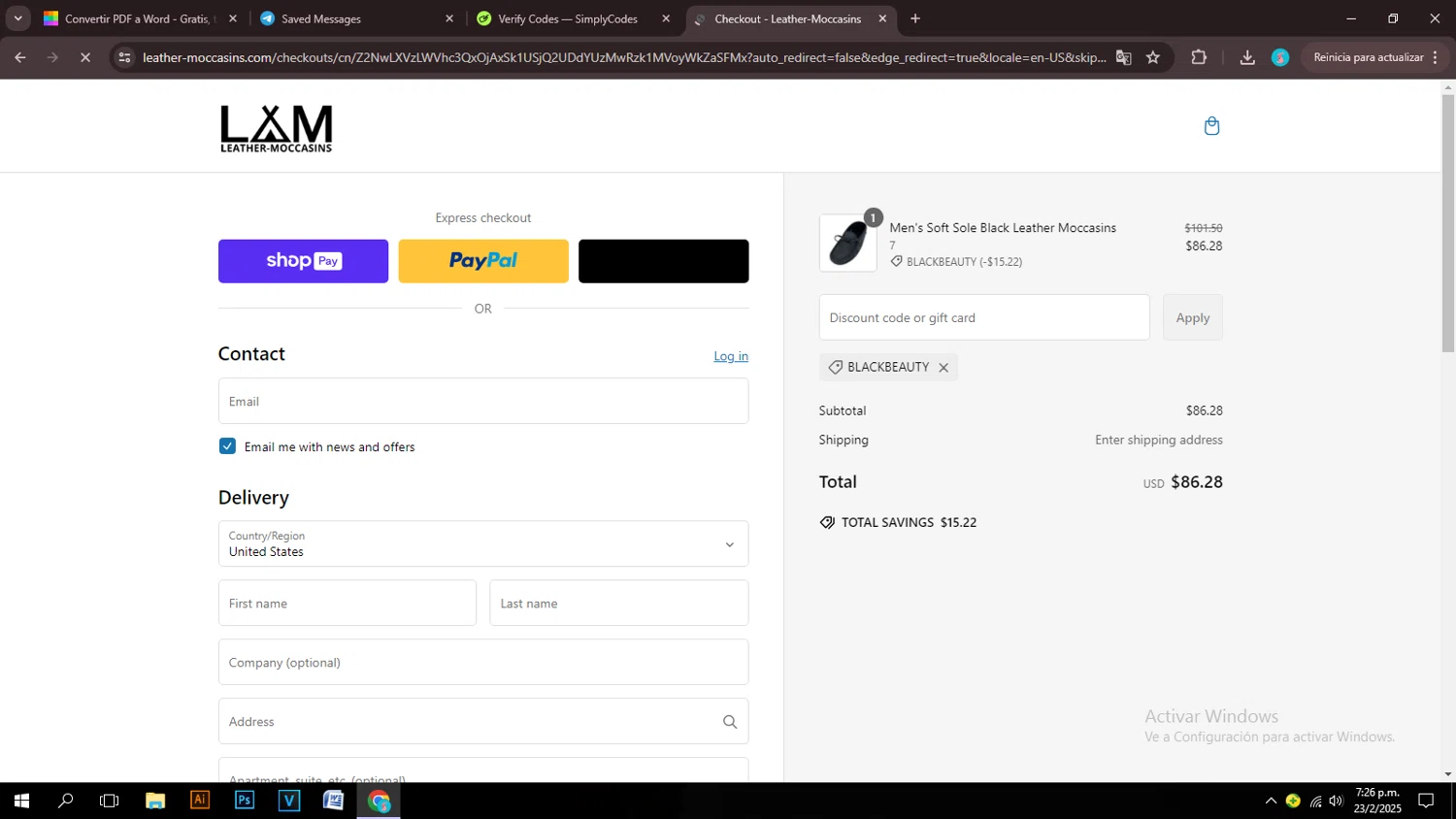 Leather-Moccasins promo code screenshot showing code BLACKBEAUTY applied at Leather-Moccasins checkout page. Uploaded by SimplyCodes community member girly08 on Feb 23, 2025